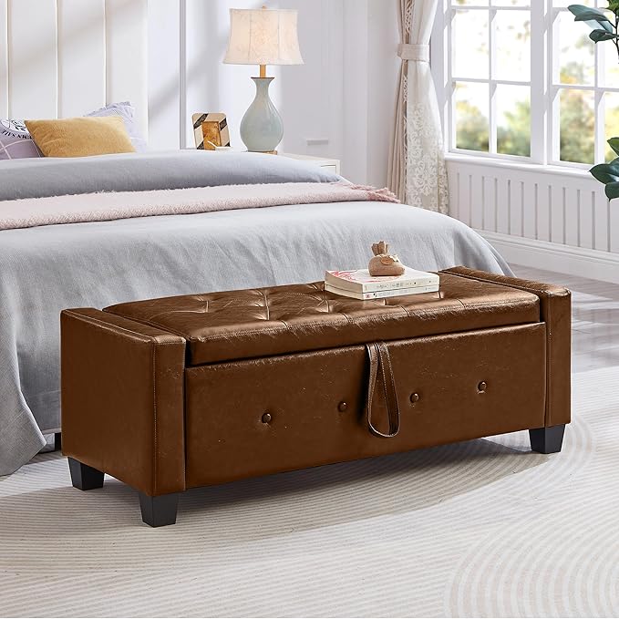 Furniliving Storage Bench, 48‘’ Upholstered PU Leather Ottoman Bench with Button-Tufted, Folding Bedroom Bench with Wood Legs, Entryway Bench for Bedroom, Brown