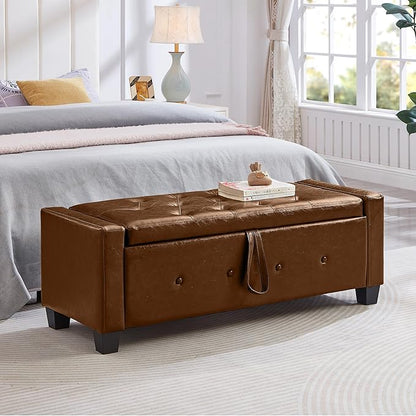 Furniliving Storage Bench, 48‘’ Upholstered PU Leather Ottoman Bench with Button-Tufted, Folding Bedroom Bench with Wood Legs, Entryway Bench for Bedroom, Brown