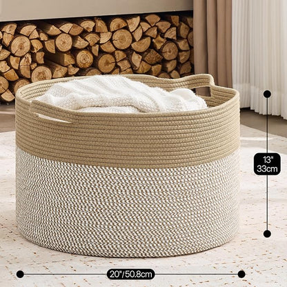 KAKAMAY Cotton Rope Storage Basket (20"x13"),Woven Hamper for Blankets,Toys,Pillows,Clothes,Laundry,Sturdy Handles Decorative Basket for Living Room, Bedroom,Nursery(Brown/White)