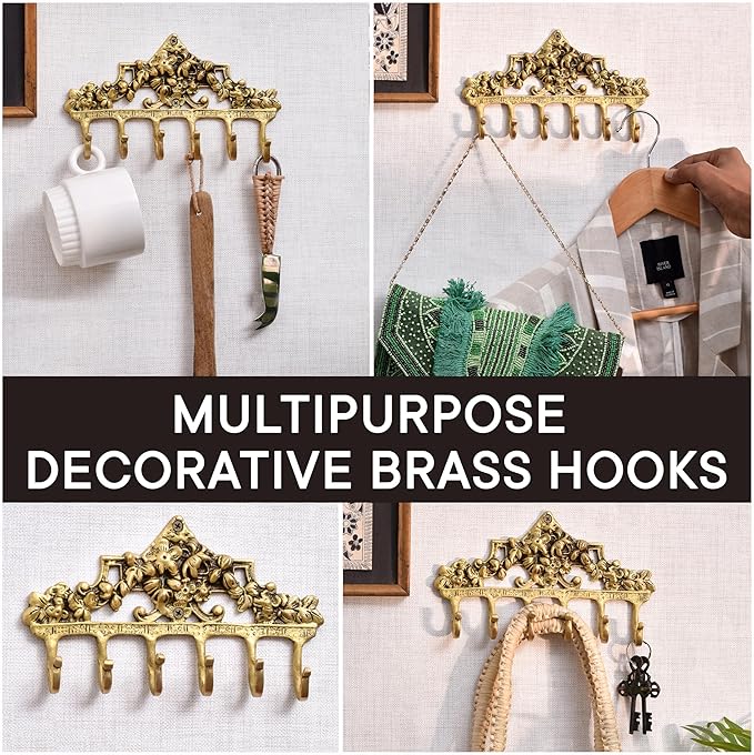 IndianShelf Gold Vintage Wall Hooks for Keys- Boho Key Holder Wall Mount - Coat Rack - Victorian Brass Coat Hooks- Decorative Key Hanger - Antique Shabby Chic Hat Rack- Towel Hooks for Bathrooms