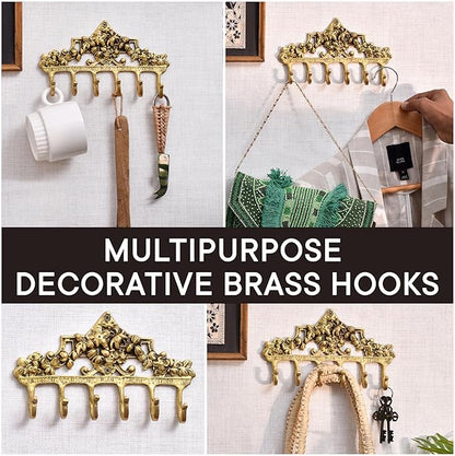 IndianShelf Gold Vintage Wall Hooks for Keys- Boho Key Holder Wall Mount - Coat Rack - Victorian Brass Coat Hooks- Decorative Key Hanger - Antique Shabby Chic Hat Rack- Towel Hooks for Bathrooms