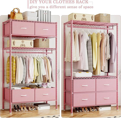 Raybee Clothing Rack with 4 Drawers and Shelves, Heavy Duty Clothes Rack for Hanging Clothes,Portable Closet,Metal, Sturdy,Pink