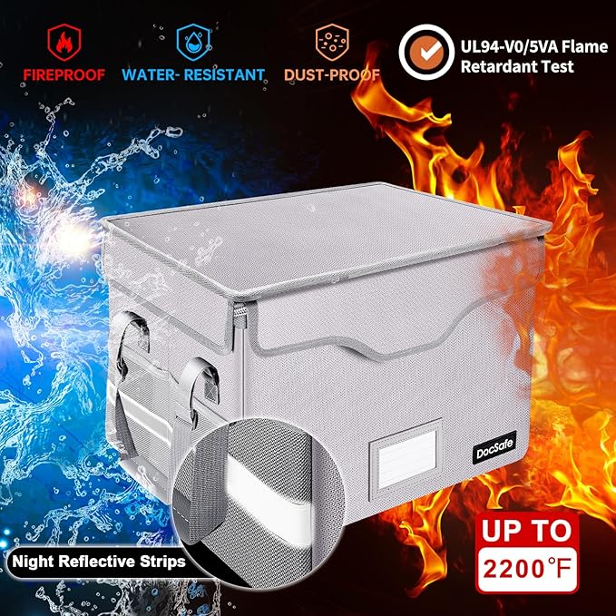 DocSafe Fireproof Document Box with Lock,File Storage Organizer with Zipper Pockets,Collapsible Portable File Box Home Office Safe Filing Cabinet with Handle for Hanging Letter/Legal Folder,Silver