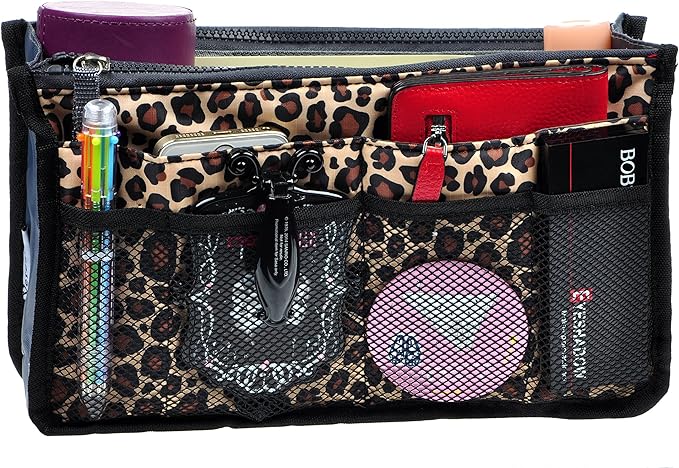 Vercord Purse Organizer Insert for Handbags Bag Organizers Inside Tote Pocketbook Women Nurse Nylon 13 Pockets Leopard Small