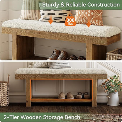 47.2" Solid Wood Bench, 2-Tier Farmhouse Upholstered Entryway Bench with Storage Shelf, Narrow Rustic Bench for Bedroom, Entryway, Mudroomn