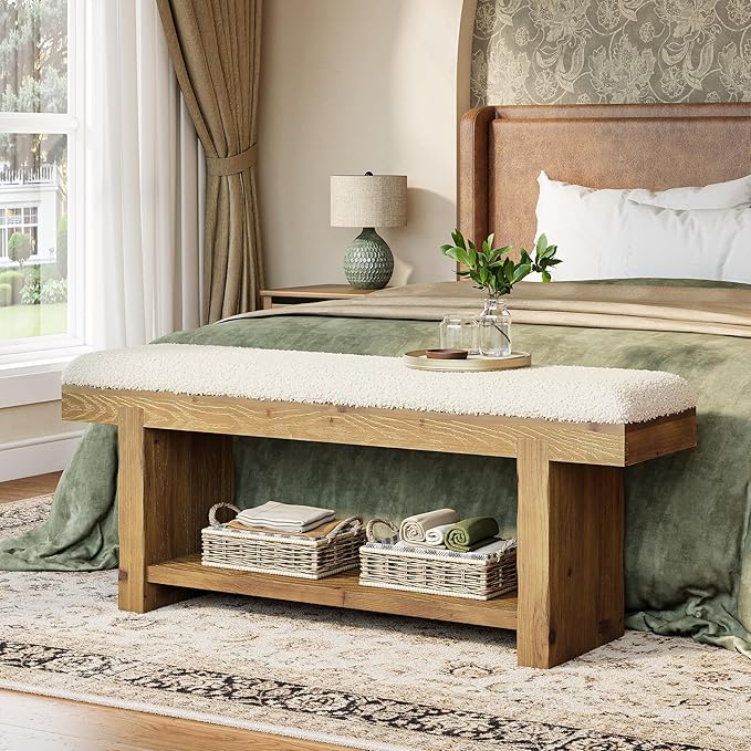 47.2" Solid Wood Bench, 2-Tier Farmhouse Upholstered Entryway Bench with Storage Shelf, Narrow Rustic Bench for Bedroom, Entryway, Mudroomn