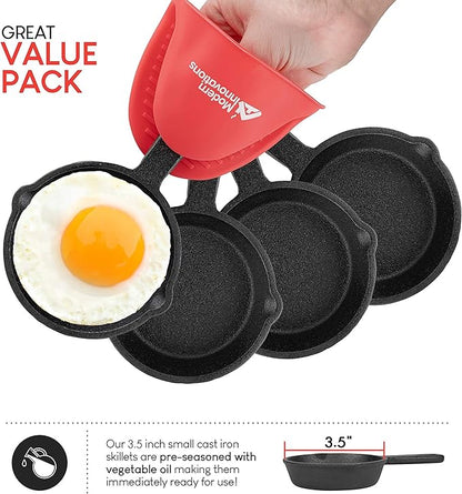 Modern Innovations Mini Black Cast Iron Skillet Set with Silicone Mitt (4 Count) - 3.5 Inch Pans, Pre Seasoned Small Skillets for Baked Cookie/Brownie or Cooked Eggs