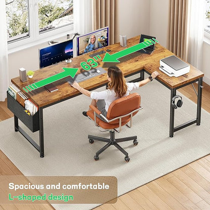 63 Inch L Shaped Desk Computer Desk with Power Outlets & 0.95 Inch Thicker Desktop, Gaming Desk with Storage Bag & Lights, Corner Desk, Reversible Office Desk for Living, Study,Bedroom,Brown
