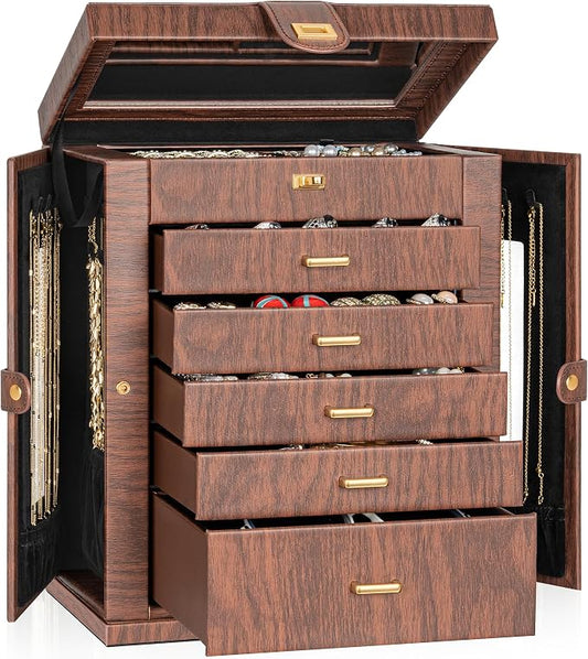 AKOZLIN 6-Tier Jewelry Box Organizer Functional 5 Drawers Leather Jewelry Storage Case for Women Girls Ring Necklace Earring Bracelet Holder Organizer with Mirror XL Red 360° Rotating