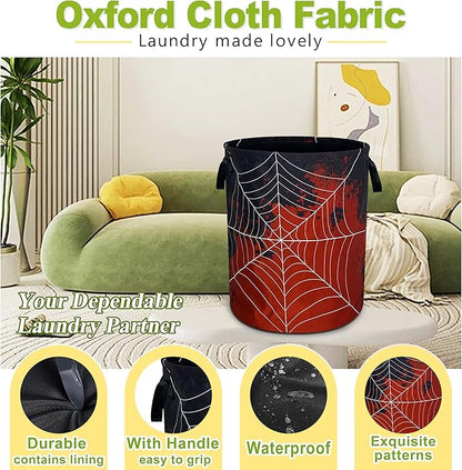 Spider Web Laundry Basket Funny Blood Splatter Foldable Waterproof Oxford Cloth Tote Bag Laundry Hamper Round Large Clothes Storage Bucket Organizer For Bathroom/Laundry Storage/Bedroom 18.9x16.5 Inch