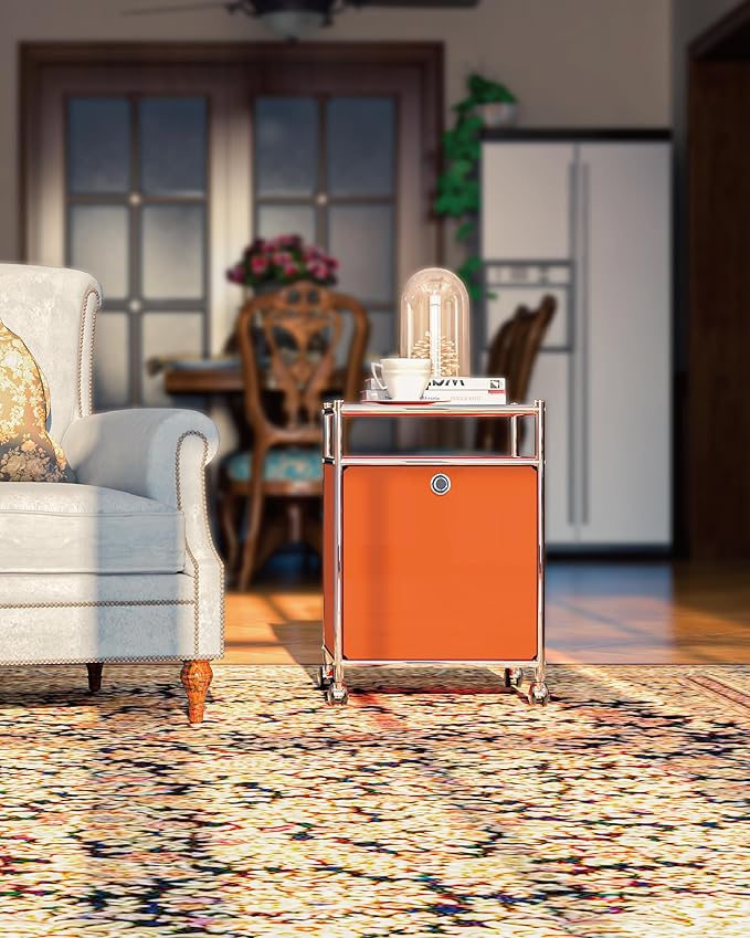 Simplink Elegant Matte Storage Cart with 22.8" Height - Perfect Side Table, Night Stand - Large Capacity with Flap Door, Detachable Wheels - Ideal for Home, Office, Bedroom, Kitchen (Orange)