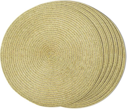 FunWheat Round Braided Placemats Set of 6 Table Mats for Dining Tables Woven Washable Non-Slip Place mats 15 inch(Shining Gold, 6pcs)