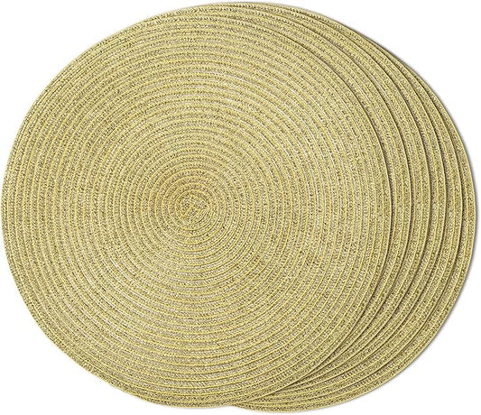 FunWheat Round Braided Placemats Set of 6 Table Mats for Dining Tables Woven Washable Non-Slip Place mats 15 inch(Shining Gold, 6pcs)