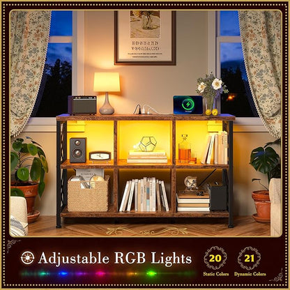 6 Cube Storage Organizer with LED Light and Charging Station, Wood and Metal Cube Shelf, Long Horizontal Book Shelf for Bedroom, Home Office,Rustic Brown
