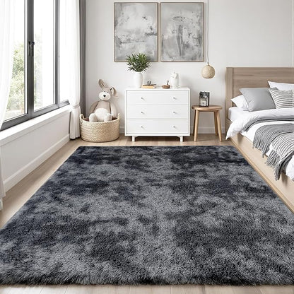 Area Rug for Living Room Bedroom: 4x6 Black Grey Soft Fluffy Shag Upgrade Non-Slip High Pile Carpet Large Fuzzy Plush Indoor Floor Decor Shaggy Rug for Kid Boys Girls Playroom Nursery Modern Home