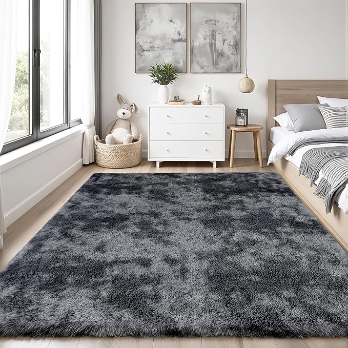 Area Rug for Living Room Bedroom: 5x7 Black Grey Soft Fluffy Shag Upgrade Non-Slip High Pile Carpet Large Fuzzy Plush Indoor Floor Decor Shaggy Rug for Kid Boys Girls Playroom Nursery Modern Home