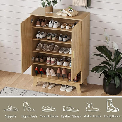 Shoe Cabinet Storage for Entryway, 5 Tier Fluted Shoe Storage Cabinet with Wooden Legs, Narrow Hidden Shoe Organizer with Adjustable Shelves, Freestanding Shoe Rack for Entryway, Hallway, Oak