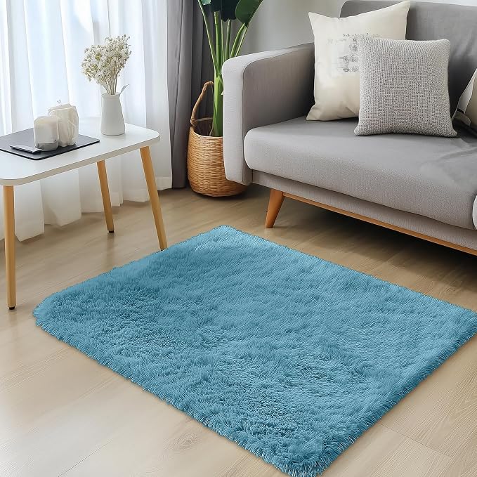 OLANLY 3x5 Machine Washable Small Bedside Rug, Soft Fluffy Shaggy Rugs for Living Room, Bedroom, Indoor Floor Carpet for Kids Girls and Boys, Preppy Dorms, Nursery, Home Decor Aesthetic, Slate Blue