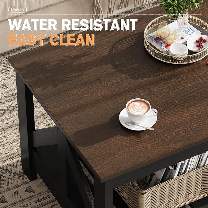 YESHOMY Farmhouse Coffee Table, Coffee Tables for Living Room, Farmhouse Square Coffee Table with Storage, Couch Table, Small Tables for Small Spaces, Brown and Black