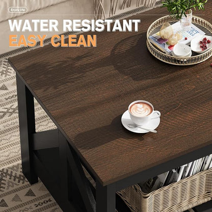 YESHOMY Farmhouse Coffee Table, Coffee Tables for Living Room, Farmhouse Square Coffee Table with Storage, Couch Table, Small Tables for Small Spaces, Brown and Black
