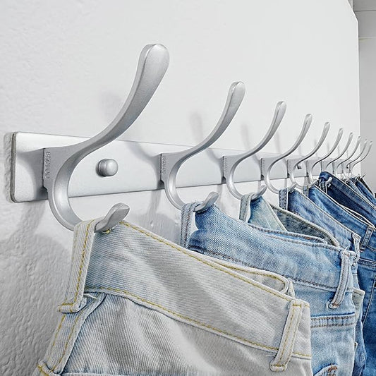 SKOLOO Coat Rack Wall Mounted - 10 Hooks, Pack of 2, Heavy Duty, Stainless Steel, Metal Wall Hangers, Sturdy Coat Hooks for Hanging Coats, Jacket, Clothes, Hat, Cold Light Silver