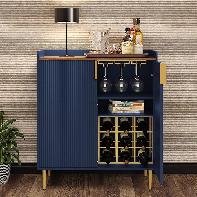 ARTPOWER Sideboard Buffet Cabinet with Fluted Texture, Modern Coffee Bar Cabinet with Wine Rack&Drawers, Blue Liquor Cabinet for Kitchen Dining Room, Living Room