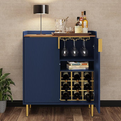 ARTPOWER Sideboard Buffet Cabinet with Fluted Texture, Modern Coffee Bar Cabinet with Wine Rack&Drawers, Blue Liquor Cabinet for Kitchen Dining Room, Living Room
