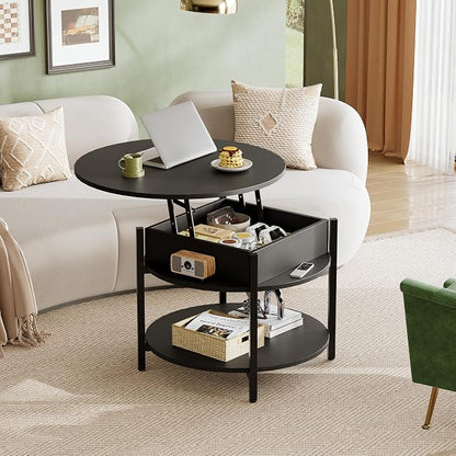 WLIVE Round Lift Top Coffee Table with Storage Shelf and Hidden Compartment, Farmhouse Small Coffee Table with 2 Tier for Living Room and Home Office, Black