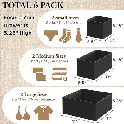 Simple Houseware Underwear Drawer Organizer for Lingerie/Undergarment/Bra/Panty/Sock/Onesie, Set of 6, Black