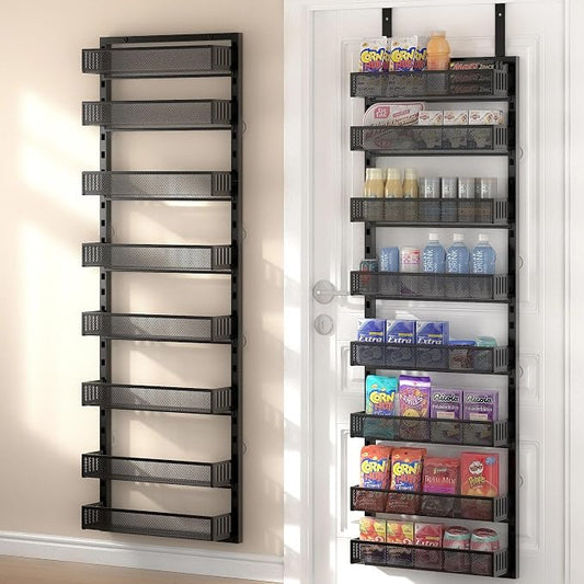 Over the Door Pantry Organizer, 8-Tier Over the Door Spice Rack with Adjustable Baskets, Wall-Mounted or Hanging Shelves for Kitchen, Laundry Room, Bathroom(Black, 16.3"W x 5.2"D x 72.6"H)