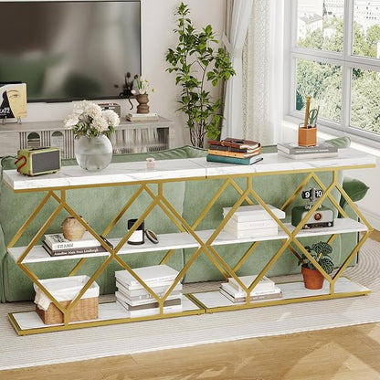 Garvee 3-Tier Entryway Table, Industrial Console Sofa Table with Storage, Accent Table with Open Shelves, Diamond-Shaped Gold Metal Frame, Foyer Table for Entryway, Hallway, Foyer, Living Room, White