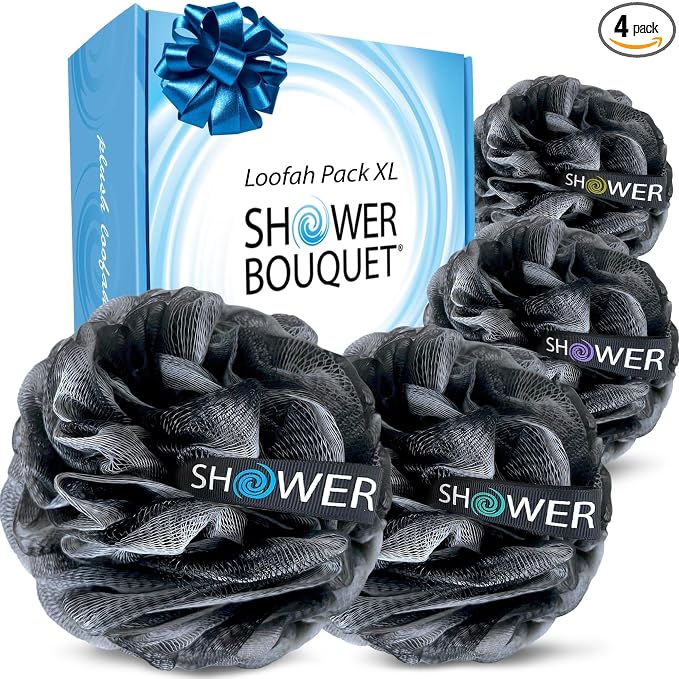 SHOWER BOUQUET Loofah-Charcoal Bath-Sponge-4-Pack // Extra-Large 75g Soft Mesh Black Loofa Lufa Loufa Luffa Puff Set/Exfoliating Body Scrubber for Women and Men - Exfoliate & Soothe Face & Body