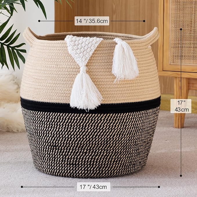 KAKAMAY Woven Baskets for Storage(17"x17"),Large Cotton Rope Woven Baby Laundry Hamper,Collapsible Laundry Basket, Blanket Basket for Organizing Living Room,Nursery,Clothes,Toy chest (Black)
