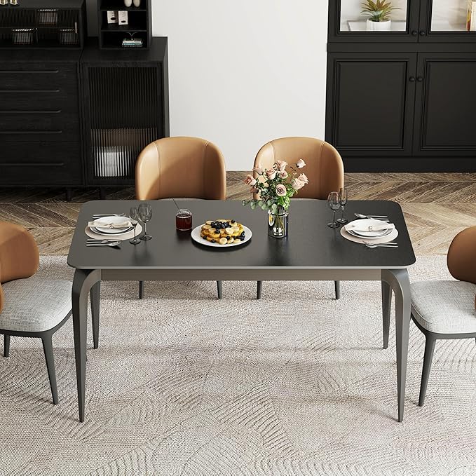 Dining Table, Sintered Stone Kitchen Table, 55'' Black Modern Rectangular Slate Patio Table with Metal Legs, Indoor Outdoor Stone Dining Table for Patio, Backyard, Scratch and Heat Resistant