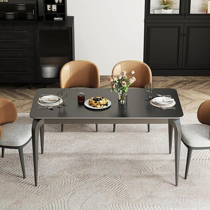 Dining Table, Sintered Stone Kitchen Table, 55'' Black Modern Rectangular Slate Patio Table with Metal Legs, Indoor Outdoor Stone Dining Table for Patio, Backyard, Scratch and Heat Resistant