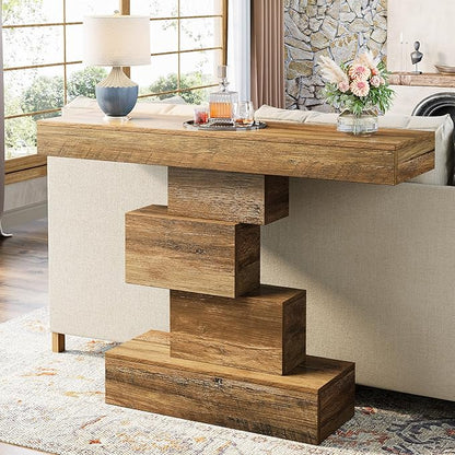 Tribesigns 42.5" Farmhouse Console Table, Narrow Wood Sofa Table Behind Couch with Geometric Base, Industrial Entryway Accent Table for Living Room, Hallway, Entrance (Light Brown)