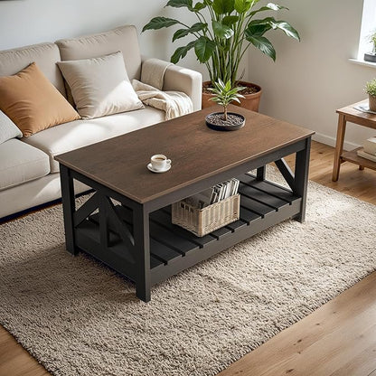 YESHOMY Farmhouse Coffee Table, Coffee Tables for Living Room, Farmhouse Square Coffee Table with Storage, Couch Table, Small Tables for Small Spaces, Brown and Black