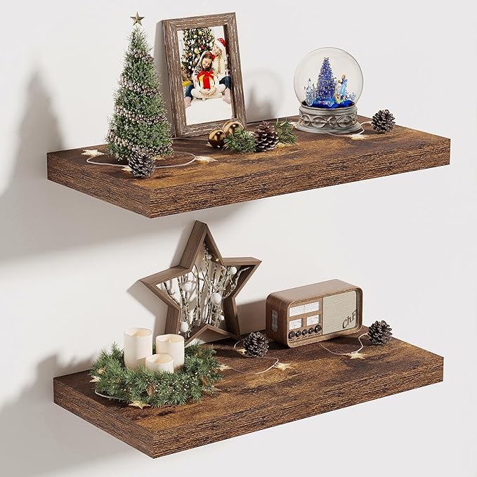 Vivelove 10 Inch Deep Floating Shelves 16 inch Long, 16 x 10 Wide Wall Shelves with Invisible Brackets, for Bedroom Bathroom Living Room Kitchen Office, Farmhouse Home Decor, Set of 2, Rustic Brown