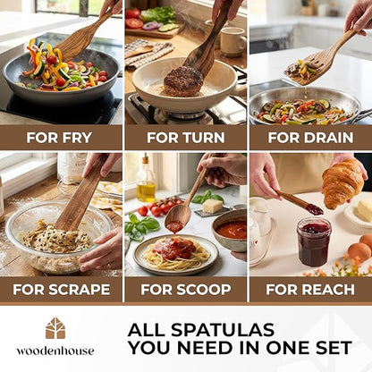 Wooden Spatula for Cooking - Non-Scratch, Sturdy, Natural Teak Cooking Utensils - Easy to Clean Wooden Spatula Set with Turner, Scraper, Slotted & Frying Wood Spatulas, Jar Scraper, Spoonula - 6 Pcs