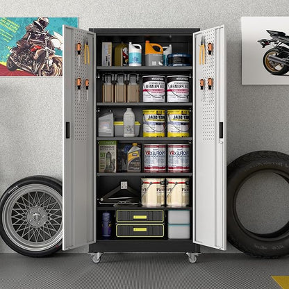 Aobabo Upgraded Garage Storage Cabinets with Wheels,Metal Storage Cabinets with 5 Adjustable Shelves for Garage Home Office Storage, Black&Silver,71''H*32''W*16''D,Assembly Required