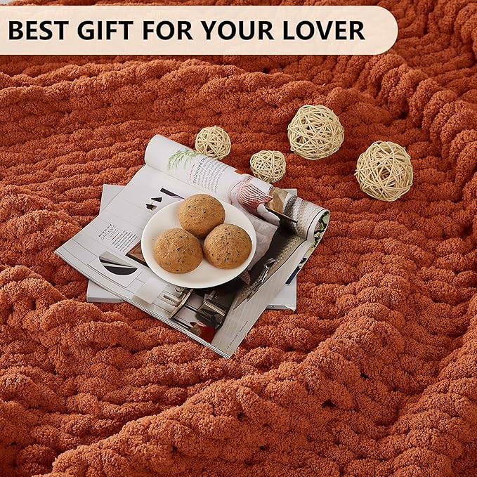 L'AGRATY Chunky Knit Blanket Throw: 60''x80'' Chenille Chunky Knitted Throw Blankets for Bed Couch - Handmade Thick Big Cable Knit Blanket - Large Crochet Rope Blankets for Home Decor(Rusty Orange)
