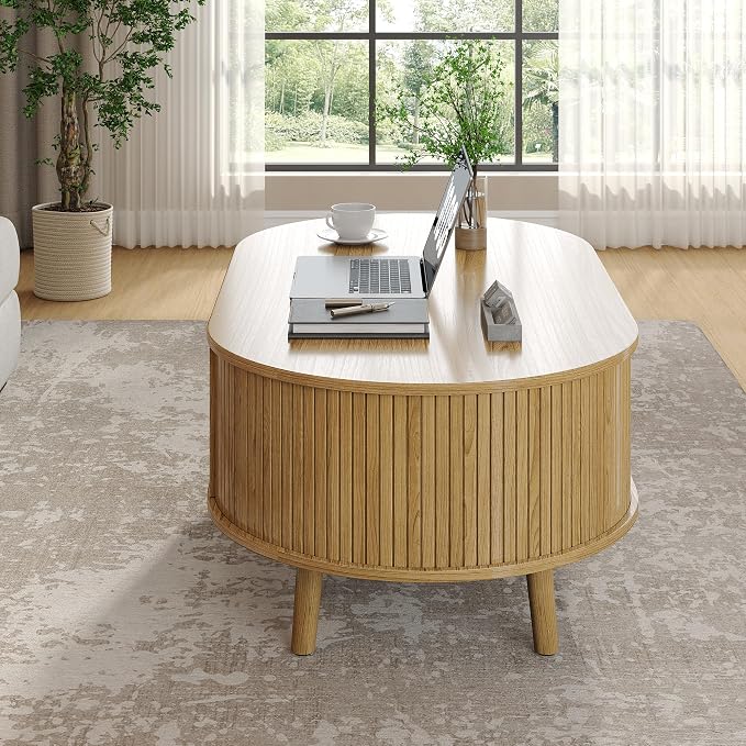 Alohappy 42.5" W Oval Coffee Table, Mid Century Modern Coffee Table with Sliding Tambour Door, Fluted Center Table with Hidden Storage, Curved Accent Table for Living Room, Home Office,Natural Oak