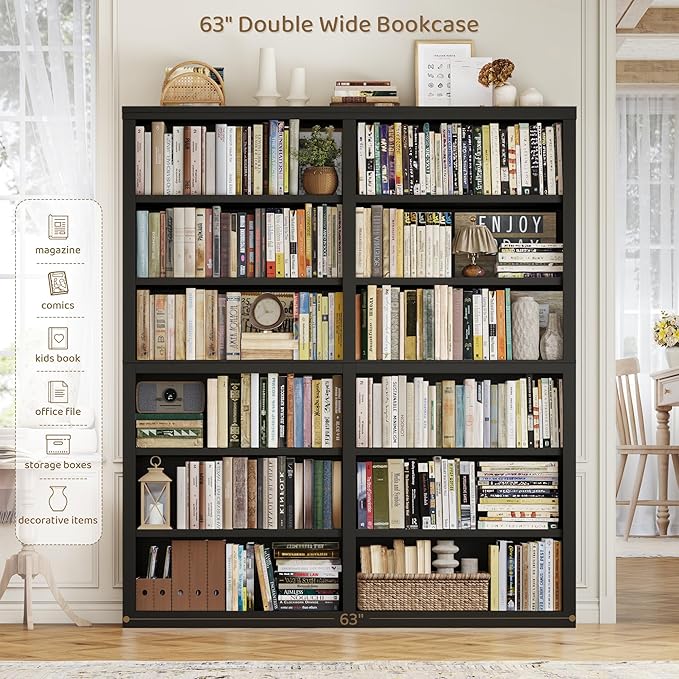 HOSTACK 63" W Open Book Shelf, 73" Tall Bookshelf with Storage, Modern Black Bookshelf, Large Bookcase with 12 Display Shelves, 6 Tier Wooden Book Case for Living Room, Home Office, Library, Black