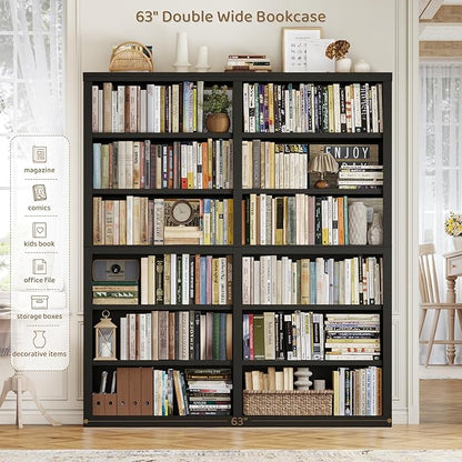 HOSTACK 63" W Open Book Shelf, 73" Tall Bookshelf with Storage, Modern Black Bookshelf, Large Bookcase with 12 Display Shelves, 6 Tier Wooden Book Case for Living Room, Home Office, Library, Black