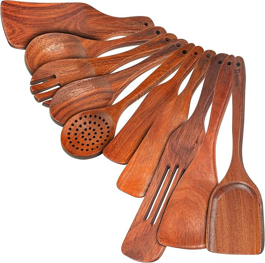 100% Natural Acacia Wooden Cooking Utensils Set - 10 Pcs Wooden Spurtle Set - Spurtles Kitchen Tools As Seen On TV Paddle - Safe for Nonstick Cookware - Stirs Like a Spoon, Flips Like A Spatula