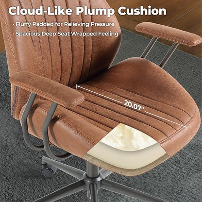 ovios Home Office Chair, Mid-Century Modern Faux Suede Leather Ergonomic Chairs, High Back Comfy Computer Swivel Rolling Task Executive Armchair, Brown