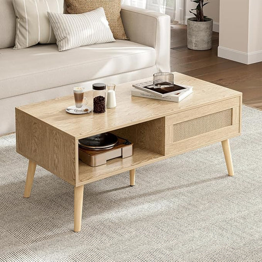 ZttRiee Wood Coffee Table with Storage, Boho Dining Table with Sliding Rattan Door Panel and Solid Wood Legs, Small Coffee Tables for Living Room, Oak (Oak_LSJ008)