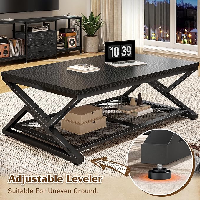 EnHomee Black Coffee Table with Storage, Modern Coffee Tables with Mesh Shelf, 2 Tier Minimalist Industrial Center Table for Living Room, Office, 47.2 Inch, Black Oak