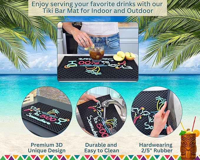 It's 5:00 Somewhere Tiki Bar Mat 18x12 in, Bar Mats for Bartending for Hawaiian Decorations, Luau Party Decorations & Hawaiian Party Decorations, Bar Mats for Countertop, Tiki Bar Essentials
