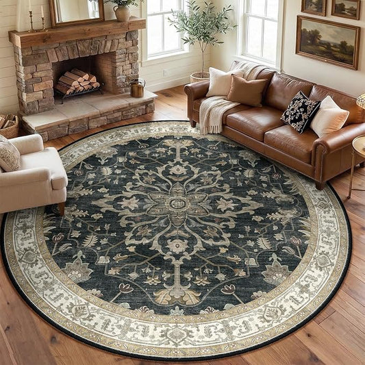 RELEANY Area Rugs Round 8ft Washable Non-Slip, Floral Vintage Distress Medallion Carpet for Living Room Bedroom Dining Room, Vintage Black Brown Neutral